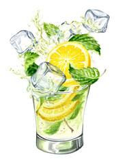 Mojito Glass, Cold fresh lemonade, cool summer drink with splash. Hand painted watercolor illustration isolated on white background