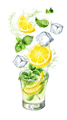 Mojito Glass, Cold fresh lemonade, cool summer drink with splash. Hand painted watercolor illustration, isolated on white background