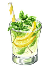 Mojito Glass, Cold fresh lemonade, cool summer drink., Hand painted watercolor illustration isolated on white background