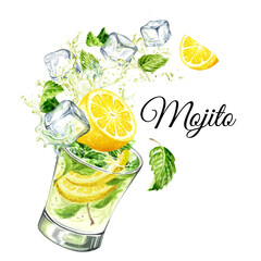Mojito, Cold fresh lemonade, cool summer drink with splash.  Hand painted watercolor illustration, isolated on white background