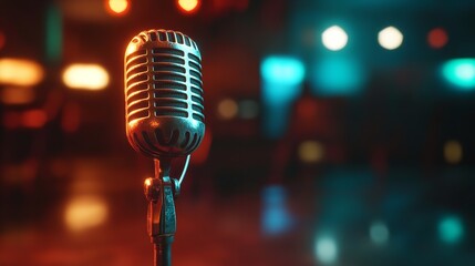 Vintage Microphone on Stage with Bokeh Lights
