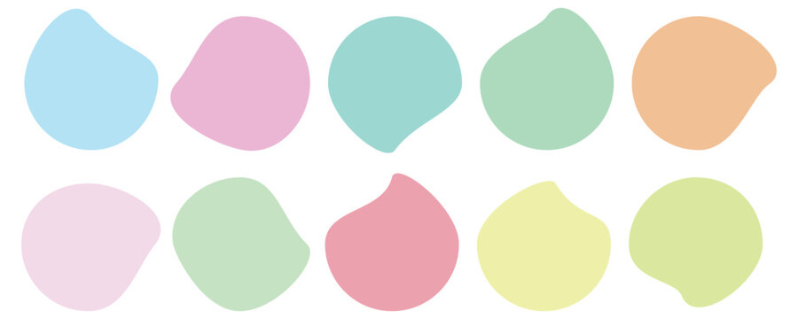 A collection of abstract organic blob shapes in a muted pastel color. Blob shapes colorful collection vector design. Pebble, drops and stone silhouettes. Vector illustration on white background.