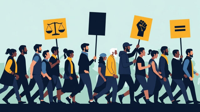 Diverse Protesters Marching with Signs for Equality and Justice