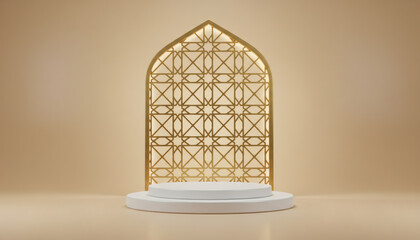Abstract 3D white podium on table with ramadan ornament wall scene. Vector rendering of a minimal geometric platform design in light yellow.