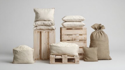 Bags of rice and grains on wooden crates for sustainable packaging and food storage product branding concept