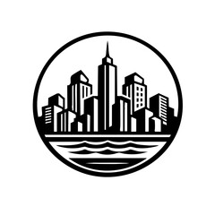 Geometric city skyline badge logo, simplified high-rise buildings