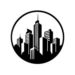 Black and white urban skyline badge logo, modern city buildings
