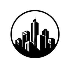 Minimal urban skyline badge with skyscrapers and rooftops inside a round frame