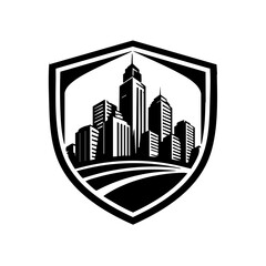 Minimalist city skyline badge enclosed in a shield shape