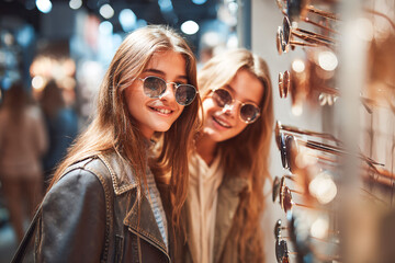 Girls enjoy trying on sunglasses in a lively store mirror scene Generative AI