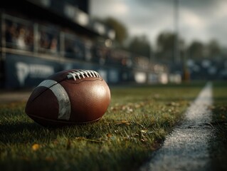 American football lying on a vibrant green