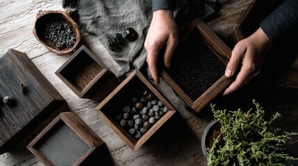 Person organizing seeds and berries into rustic wooden trays for organic culinary or spice product branding