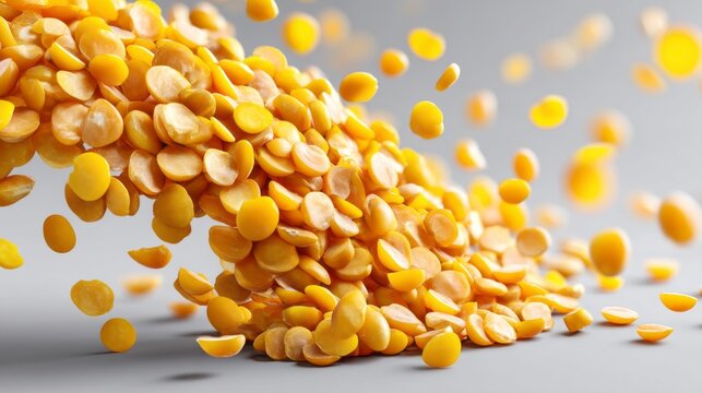 Golden yellow moong dal split lentils float in mid-air, showcasing their smooth, round shape. This captivating scene highlights their richness and beauty against a soft gray backdrop