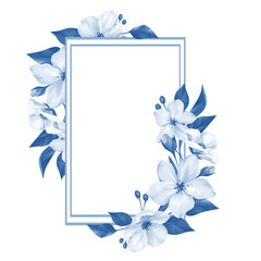 Hand drawn Blue Leaves and White Flowers Rectangle Frame