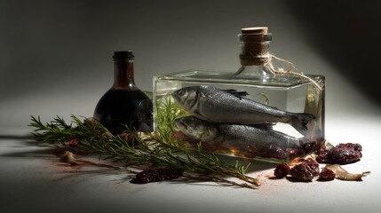Glass bottle with herbs and spices on dark background for rustic culinary or apothecary branding concept