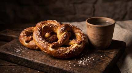Soft pretzels with coarse salt and clay cup of water on rustic wooden board. Traditional Christian Lenten fasting food resembling arms crossed in prayer. Religious symbol of faith and abstinence.