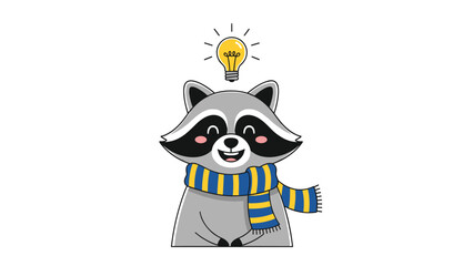Fototapeta premium Raccoon character with light bulb idea and striped scarf vector