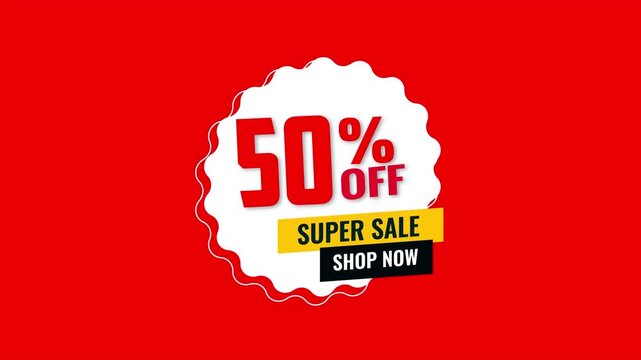 50 % off Modern super sale animated banner with bold typography and colorful geometric shapes, ideal for promotions, discounts, retail campaigns, and social media marketing 4k animation