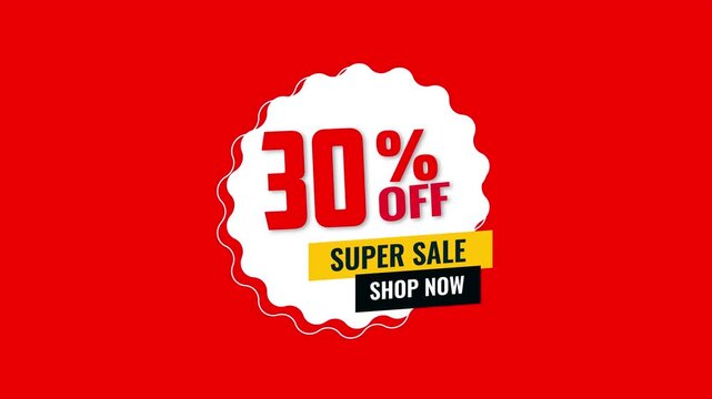 30 % off Modern super sale animated banner with bold typography and colorful geometric shapes, ideal for promotions, discounts, retail campaigns, and social media marketing 4k animation