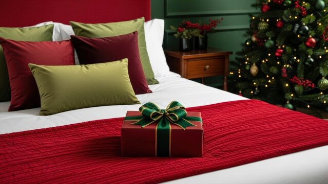 Beautiful Christmas gift box sits on a plush red bed runner in a festive decorated bedroom, capturing holiday warmth