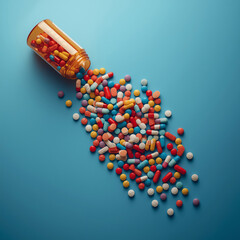 AI image of a colorful pills spilling out on brown bootle set against a calming blue background