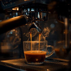AI image of a close-up of a coffee machine brewing coffee with coffee dripping into a glass cup