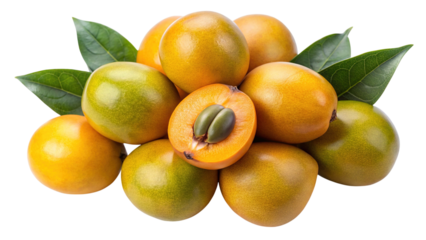 Fresh ripe and unripe loquats with leaves and one cut open