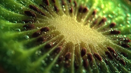 Kiwi fruit slice detail with water bubbles