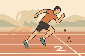 Runner Sprinting on Track with Cones Focused and Determined.