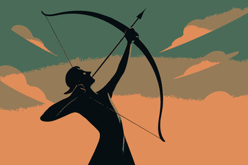 Silhouette of Archer Aiming with Bow and Arrow Against Cloudy Sky.