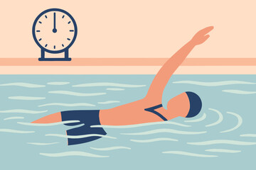 Swimmer in a pool practicing the crawl stroke with timer.