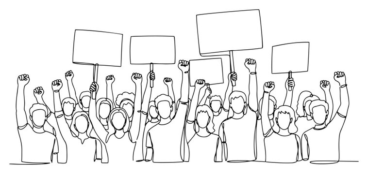 Continuous line drawing of a crowd of people protesting with blank signs and raised fists