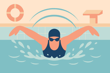 Woman swimming butterfly stroke in pool with cap and goggles.