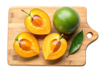 Fresh lucuma fruit whole and sliced on wooden cutting board