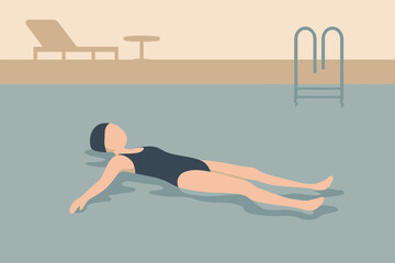 Woman Relaxing in a Swimming Pool Flat Vector Illustration.