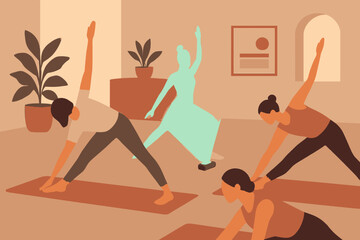 Yoga Class Women Practicing Triangle Pose in Studio.