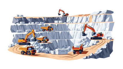 Construction site with excavators dump trucks and a rocky quarry landscape © ShapeCraft