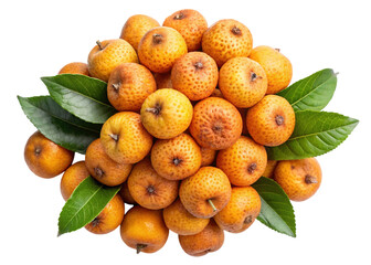 Pile of fresh loquat fruits with green leaves on white background