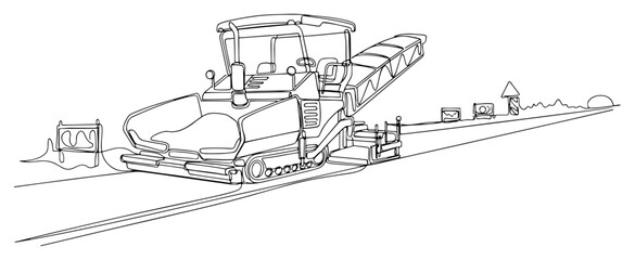 continuous line drawing of an asphalt paver machine laying new road surface