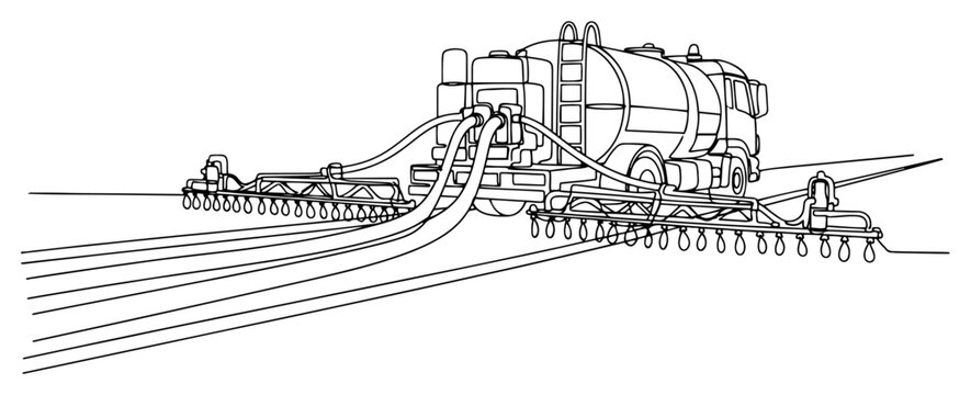 continuous line drawing of a bitumen sprayer truck working on road construction