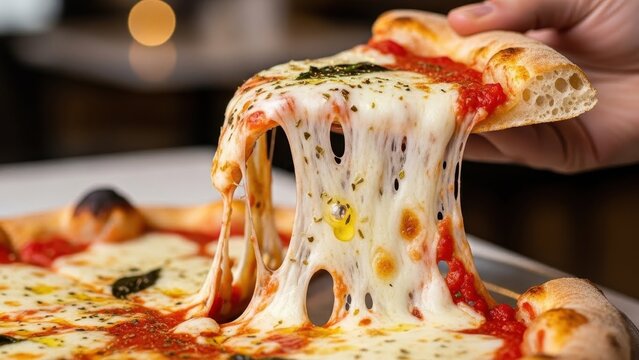 Captivating stretchy mozzarella cheese pull on a hot, artisanal pizza slice