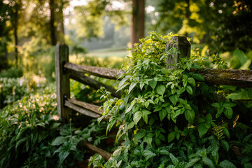 Climbing plants thrive on a rustic fence in warm summer light Generative AI