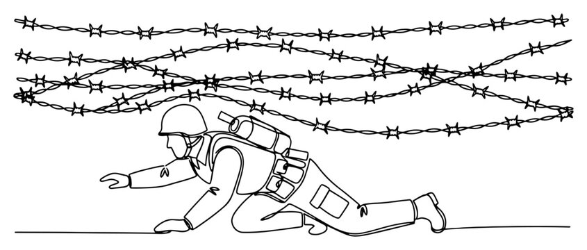 continuous line drawing of a soldier crawling under barbed wire obstacle