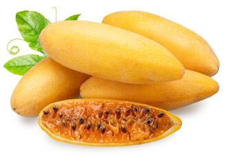Curubas or banana passion fruits and fruit cut in half showing the juicy pulp and black seeds on white background. File contains clipping path.