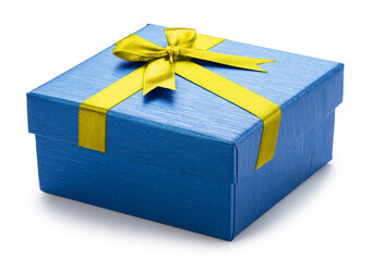 Blue gift box with yellow satin bow, top view, isolated on white background. File contains clipping path.