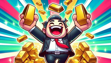 businessman happy gold bars juggling smiling wealth rich fortune success manager cartoon