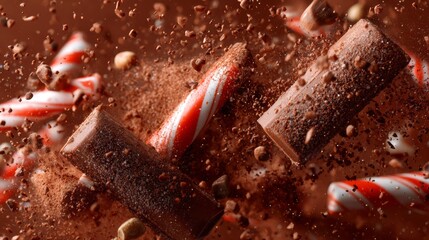 Chocolate and peppermint candy explosion on brown surface for dessert branding and holiday product advertising