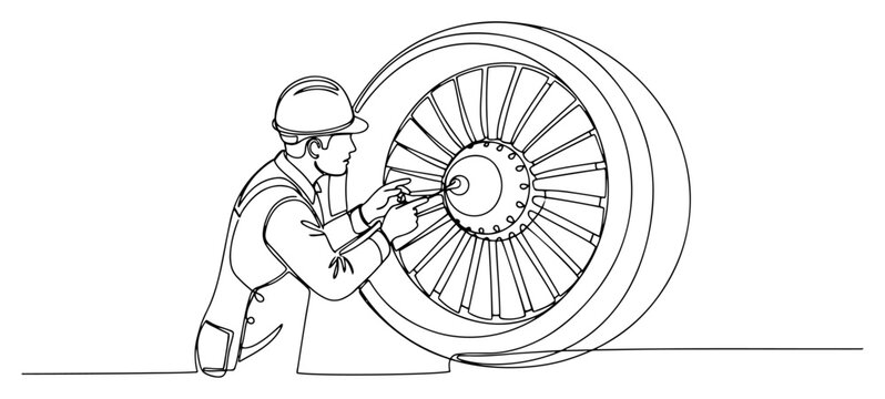 Continuous line drawing of an aerospace mechanic inspecting a large jet engine turbine