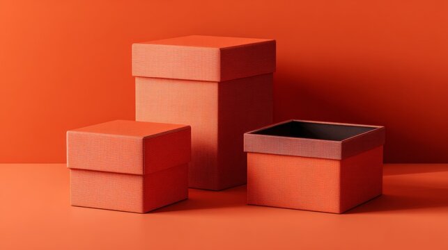 Set of orange cardboard gift boxes on color background for packaging and shipping product branding presentation