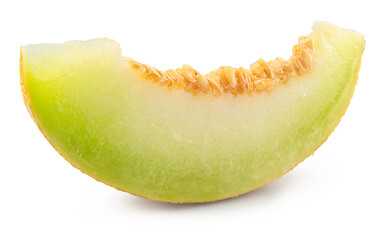 Slice of Galia melon with juicy yellow-green flesh and seeds, isolated on a white background. Cut out PNG file.